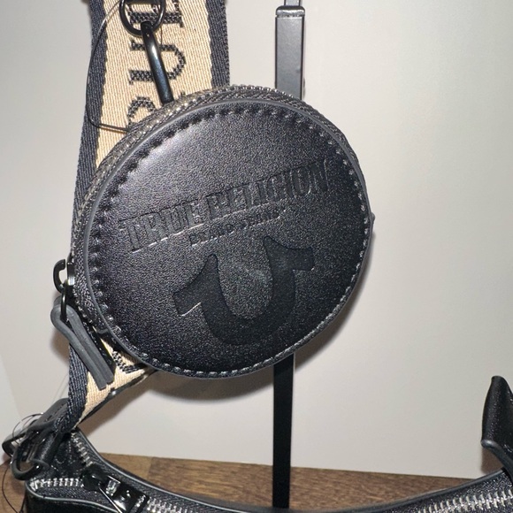 NWT True Religion Black and Tan Crossbody Bag with coin purse and guitar strap. - Picture 8 of 11